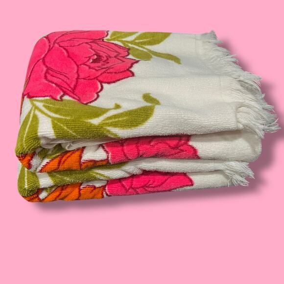 Vintage 60s Sun Glow Fuchsia Pink Orange Floral Bath Towel Set Pair Made in USA - Picture 8 of 13